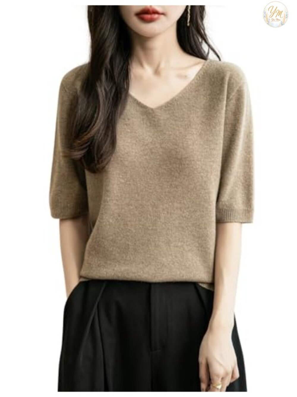 100% Merino Wool V-Neck Seamless Knit Short Sleeve Sweater Pullover